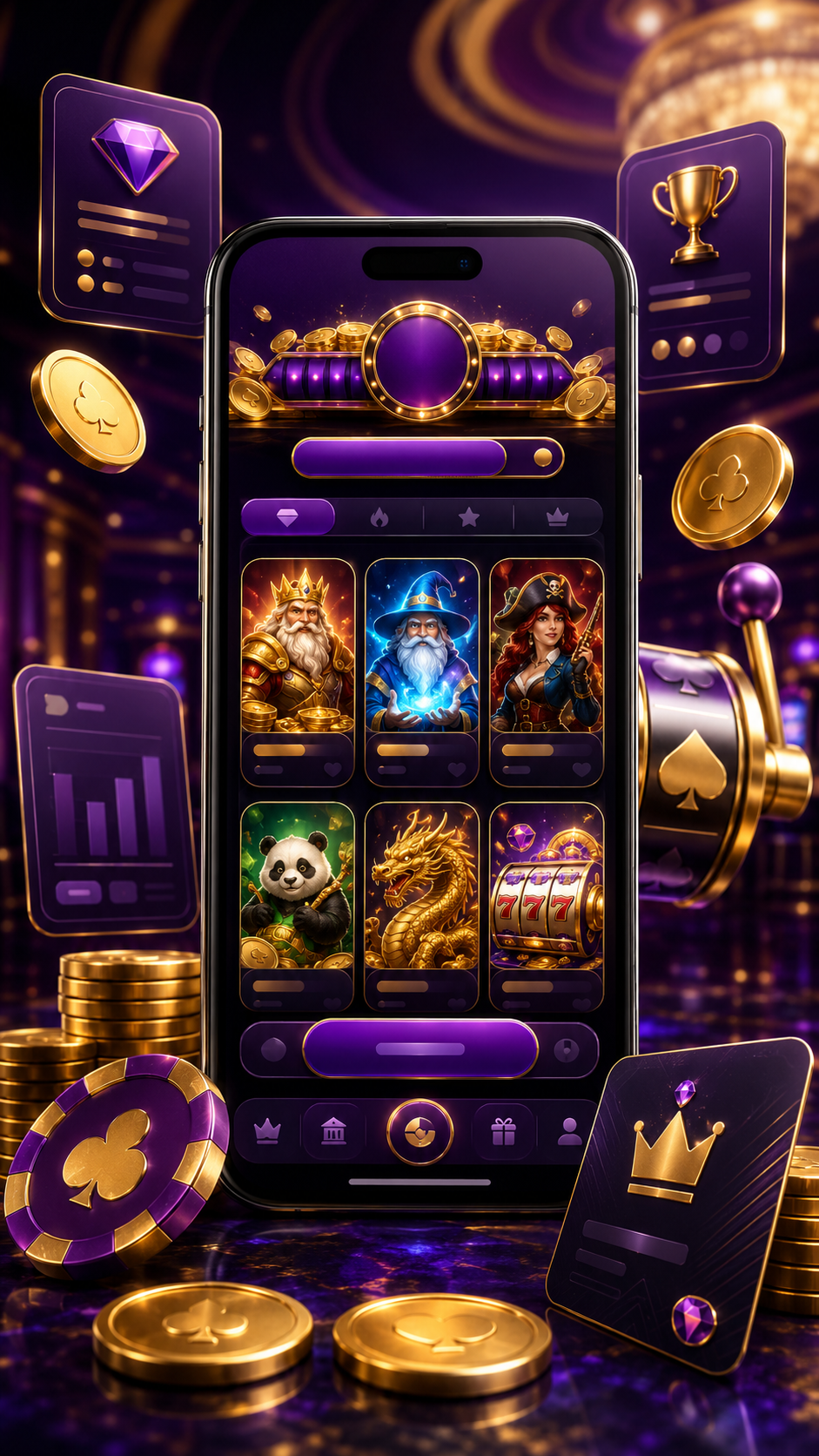Điện thoại hiển thị sảnh slot game màu tím vàng