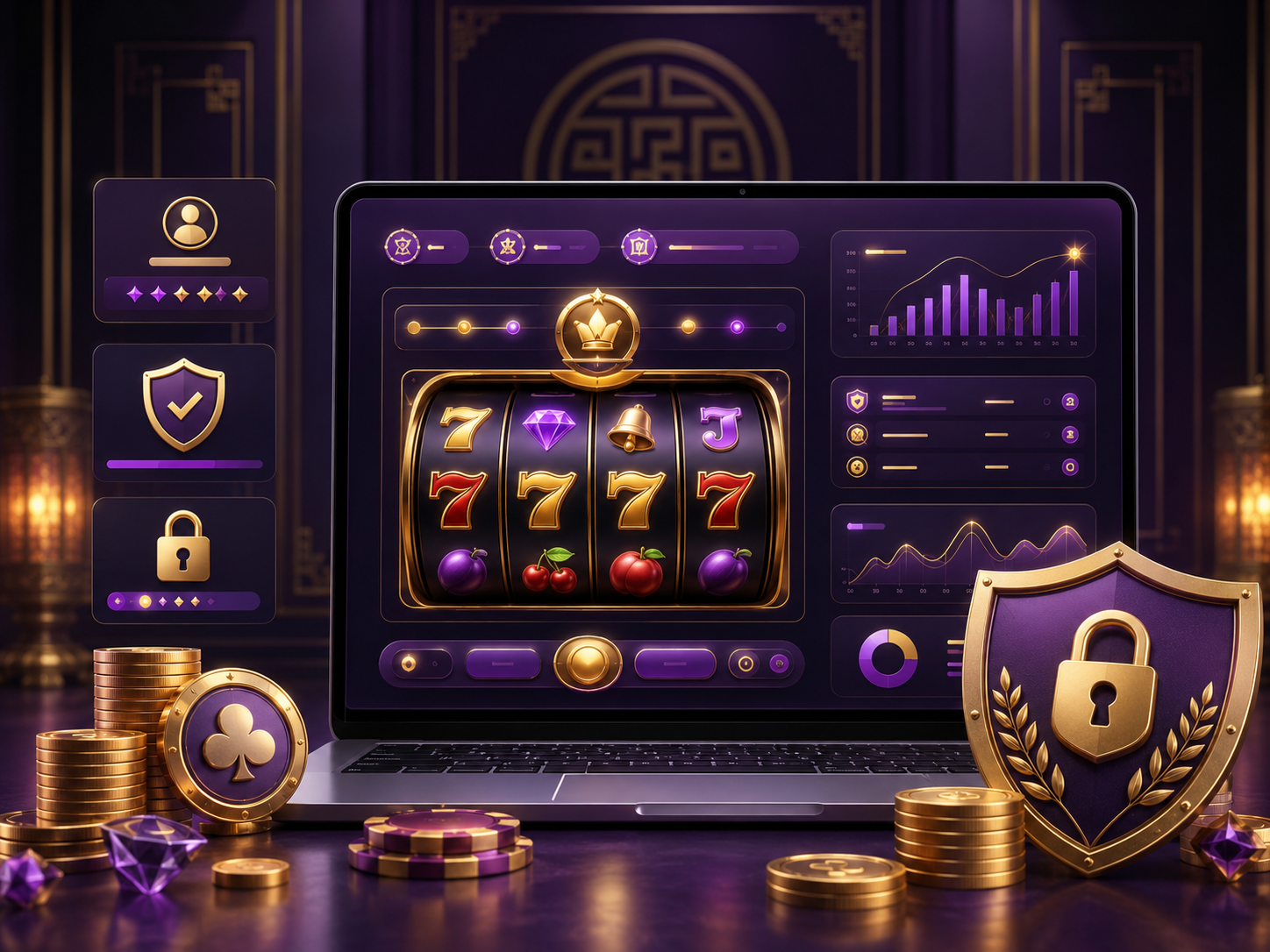 Màn hình slot online trên laptop với khiên bảo mật màu tím vàng